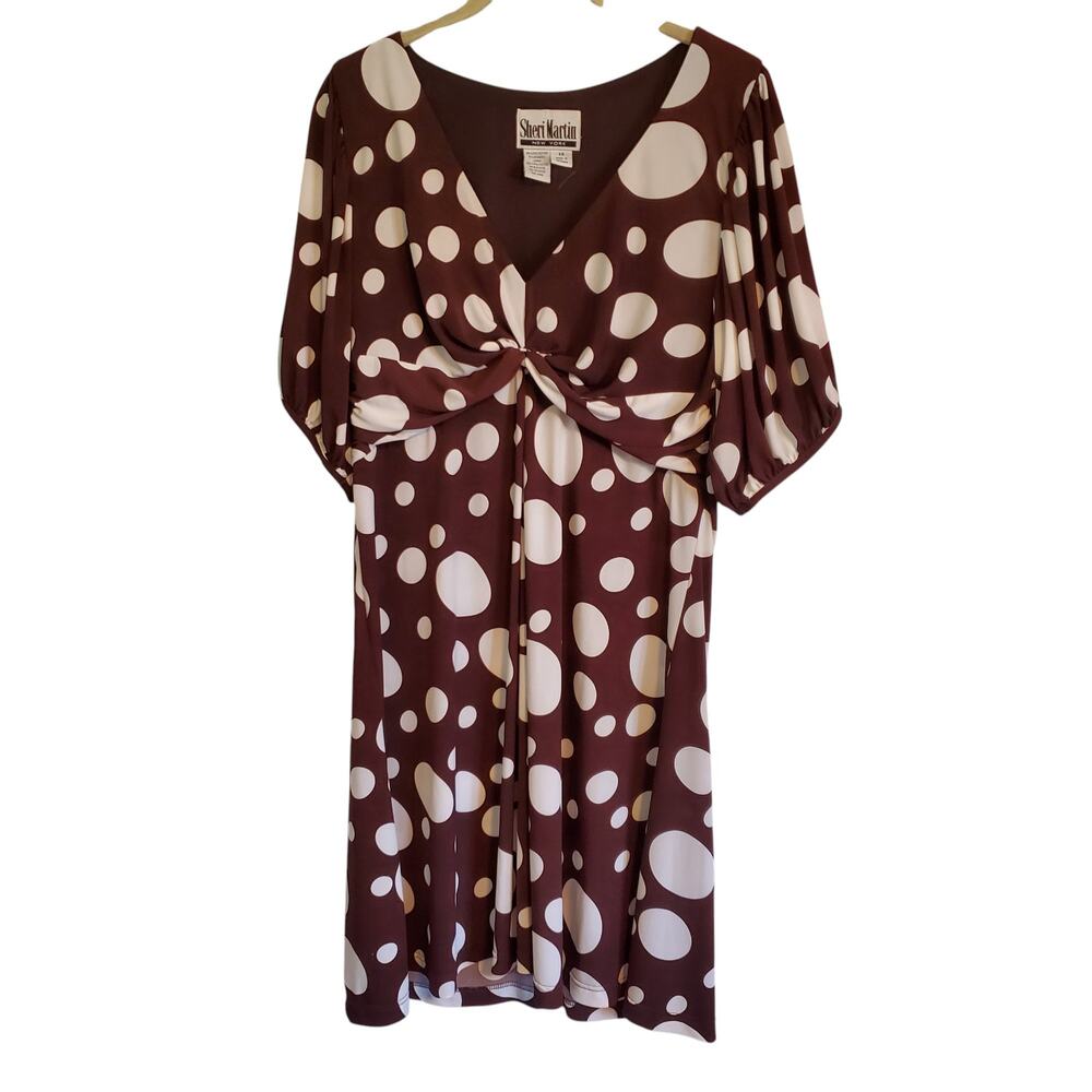 Vintage 90s Brown White Polka Dot Pattern V Neck A Line Knee Length Dress